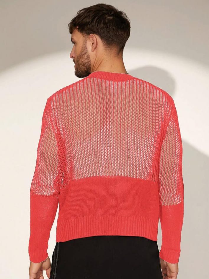 Bonga Boys Autumn Fashionable Sexy Hollow-Out Patchwork Sheer Knit Tshirt